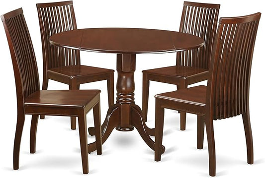 East West Furniture DLIP5-MAH-W 5 Piece Dining Room Furniture Set Includes a Round Kitchen Table with Dropleaf and 4 Dining Chairs, 42x42 Inch, Mahogany
