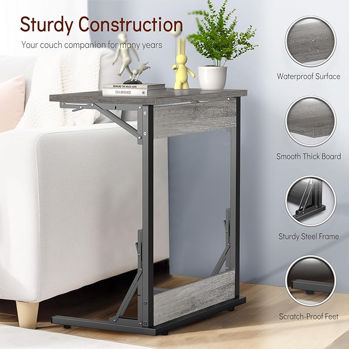 Tatub 24" Folding C Shaped End Table, Small Sofa Side Laptop Desk, Couch TV Tray Table for Living Room, Bedroom, Light Ivory