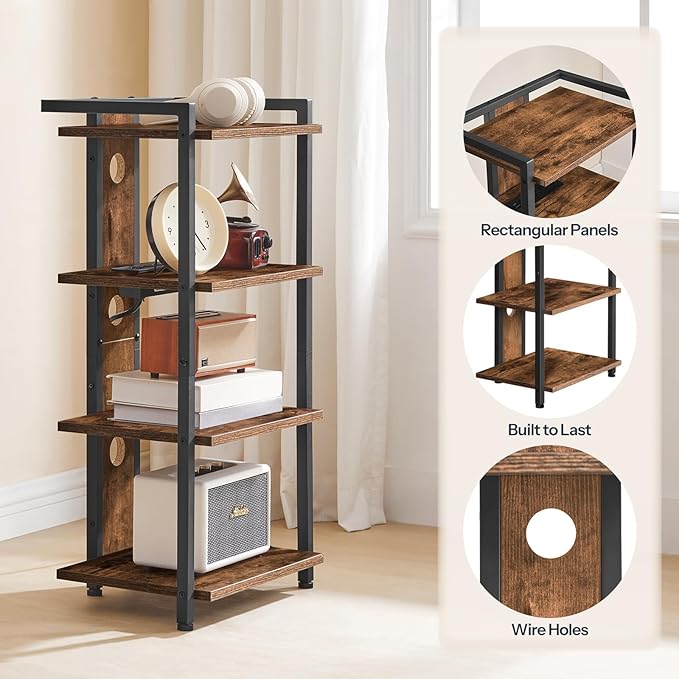 HOOBRO 4-Tier AV Media Stand, Media Console with Charging Station and LED Light, Wooden Stereo Cabinet, Corner TV Stand, Record Player, Entertainment Device Stand, Rustic Brown and Black BF38UDCJ01