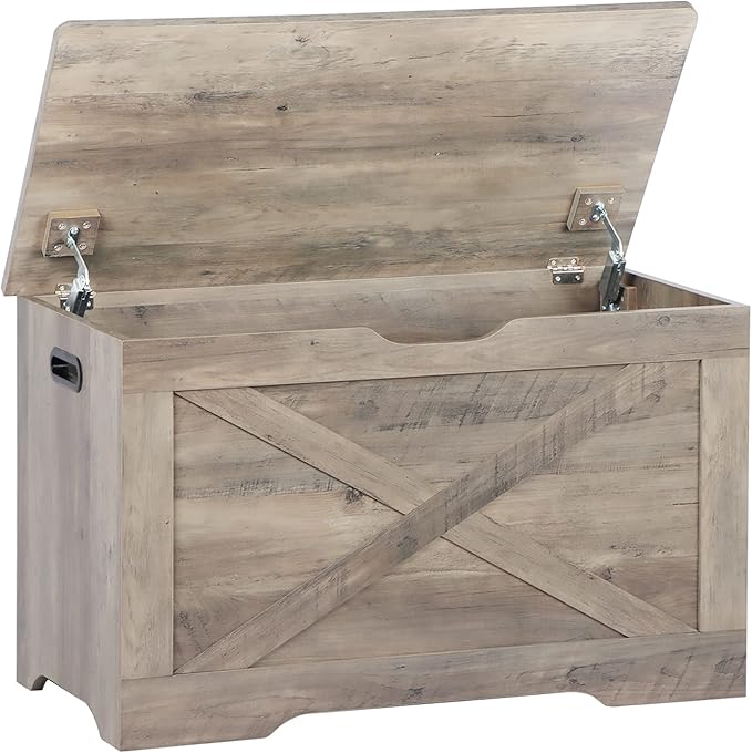 Storage Chest, Wooden Storage Bench, Entryway Shoes Bench with 2 Safety Hinges, Retro Storage Trunk for Living Room,Bedroom, 15.7 x 31.5 x 18.9 Inches, Grey