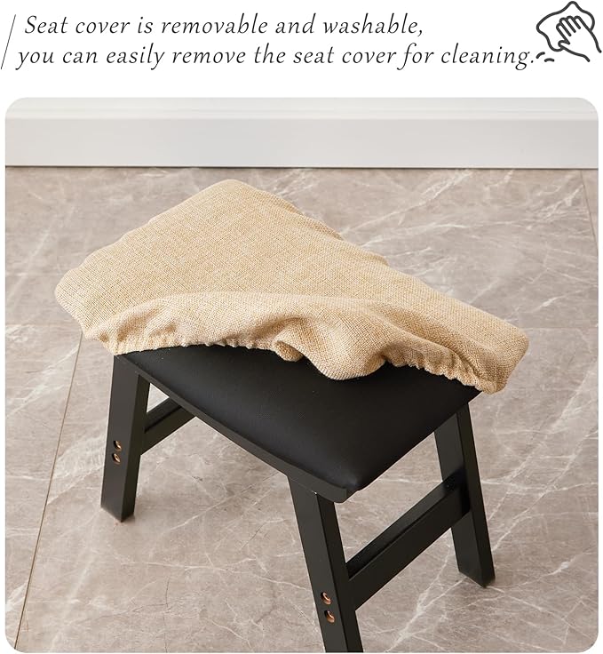 Foot Stool,Ottoman,Bamboo Small Sofa Foot Rest Under Desk,Extra Seating for Living Room, Bedroom and Kitchen (Black Stool Legs - Beige Surface)