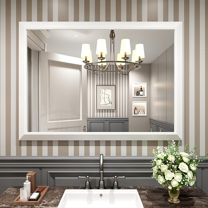 Amorho Bathroom Mirror, 48x35 Inch White Thick Metal Framed Wall Mirrors for Over 2 Sinks, Bedroom, Living Room, Entryway, Large Rectangle Wall-Mounted Mirrors.