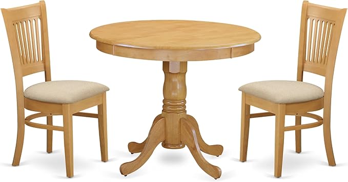 East West Furniture ANVA3-OAK-C 3 Piece Kitchen Table Set for Small Spaces Contains a Round Dining Room Table with Pedestal and 2 Linen Fabric Upholstered Chairs, 36x36 Inch, Oak