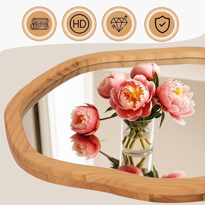 ULIKE Round Wood Mirror, 30 Inch Asymmetrical Circle Vanity Mirror with Wood Frame, Rustic Decorative Wall Mount for Bathroom Bedroom Living Room Entryway