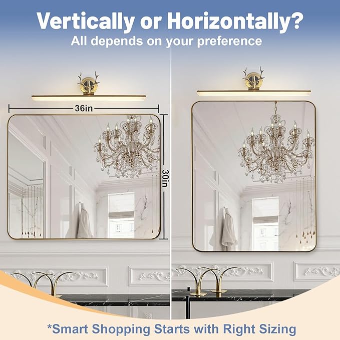 Brushed Gold Mirror 30"x36", Wall Mirror for Bathroom Vanity in Anti-Rust Metal Frame, Modern Rectangle Mirrors for Wall, Rounded Corners, Shatter-Proof, Hangs Horizontal/Vertical