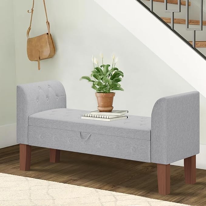Awonde Armed Storage Bench for Bedroom Entryway Living Room Upholstered Tufted Ottoman Bench Gray