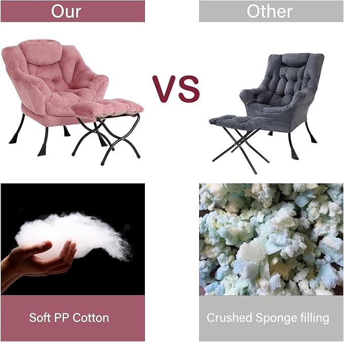 LITA Lazy Chair with Ottoman, Modern Accent Leisure Upholstered Sofa Chair, Lounge Reading Chair with Armrests and a Side Pocket for Living Room, Bedroom & Small Space, Plush Dark Pink