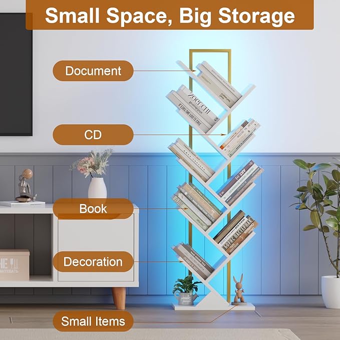 Tree Book Shelf with LED Lights, 9 Tier Floor Standing Bookcase, Classical Corner Shelf Kids Bookshelf, Tall Wood Book Storage for Bedroom, Living Room, Home Office, White