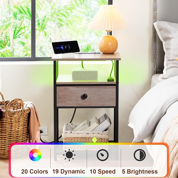 Night Stand Set 2, LED Nightstand with Charging Station, End Tables Living Room with Fabric Drawer for Small Spaces, Side Tables with Storage Shelf for Bedroom, Grey, HETS01PGY