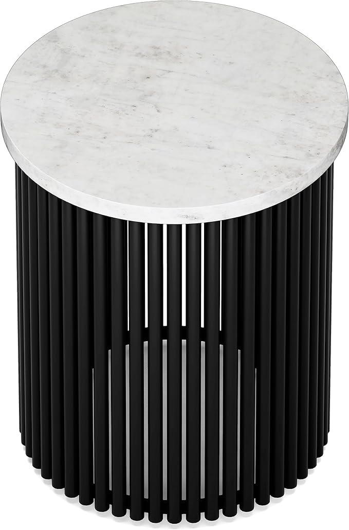 SIMPLIHOME Demy 18-inch Wide Metal Accent Table in White Marble/Black Metal, Round Side Table for Living Room, Bedroom, or Office, Industrial Style, Assembled