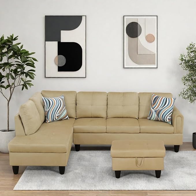 Modern Living Room Furniture Sets with Pillows, Modular Sectional Couches with Chaise Lounge, 4-Seaters L Shape Sofa with Storage Ottoman, for Living Room, Black