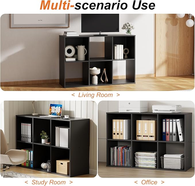 Sweetcrispy 6 Cube Storage Organizer - Open Cube Bookshelf with 3 Removable Back Panels, Display Storage Bookcase for Living Room, Bedroom, Entrance Hall, Home Office，36" L×11.6" W×24" H, Deep Black