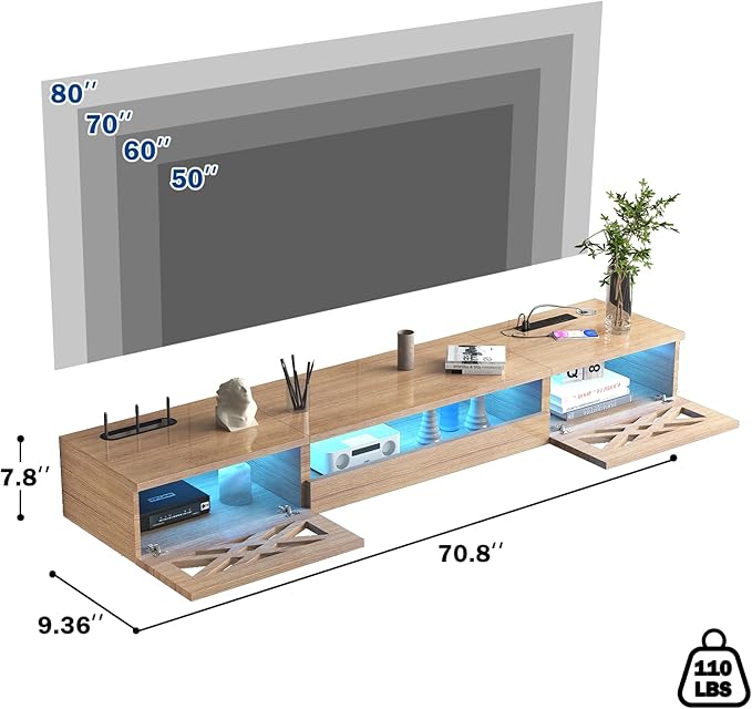 Floating TV Stand, 71" Floating Entertainment Center Wall Mounted,Floating Wall Mounted TV Shelf Modern High Gloss tv Cabinet Media Console with Storage