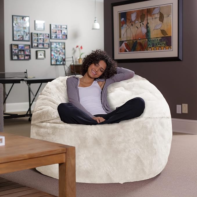 Sofa Sack Bean Bag Chair - Plush, Ultra Soft - Memory Foam Bean Bag Chair with Faux Rabbit Fur Cover - Stuffed Foam Filled Furniture and Accessories for Dorm Room 5 Feet - Cream