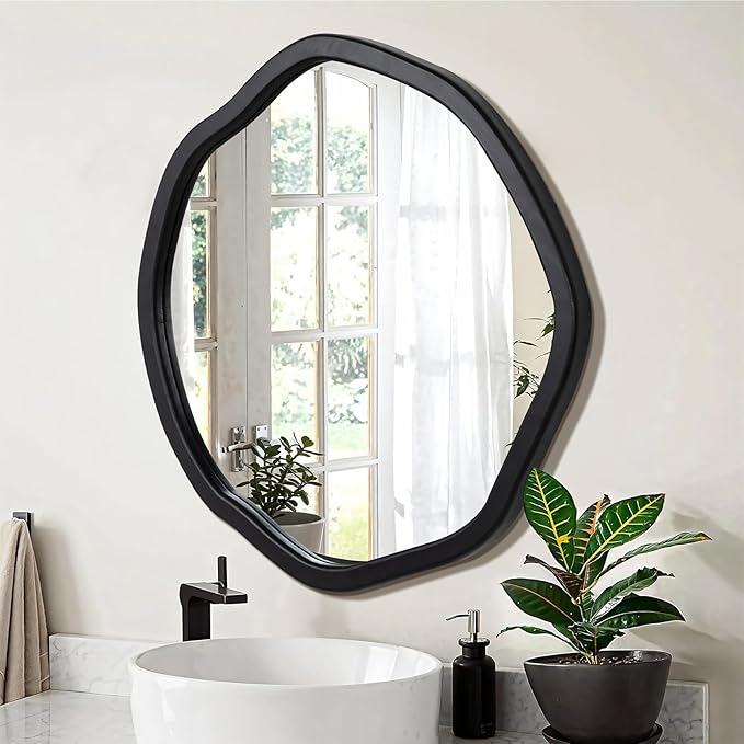 ULIKE Round Wood Mirror 24 Inch Circle Wall Mirror, Asymmetrical Bathroom Vanity Mirror with Wood Frame, Decorative Wall Mounted Mirror for Bedroom, Living Room, Entryway, Black