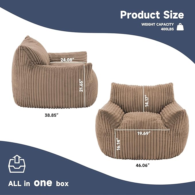 Oversized Bean Bag Chair for Adults, Giant Comfy Plush Boneless Bean Bag Couch with Filler for Kids - Reading Chair for Living Room, Bedroom & Dorm, Single Accent Chair Floor Lounger, Khaki