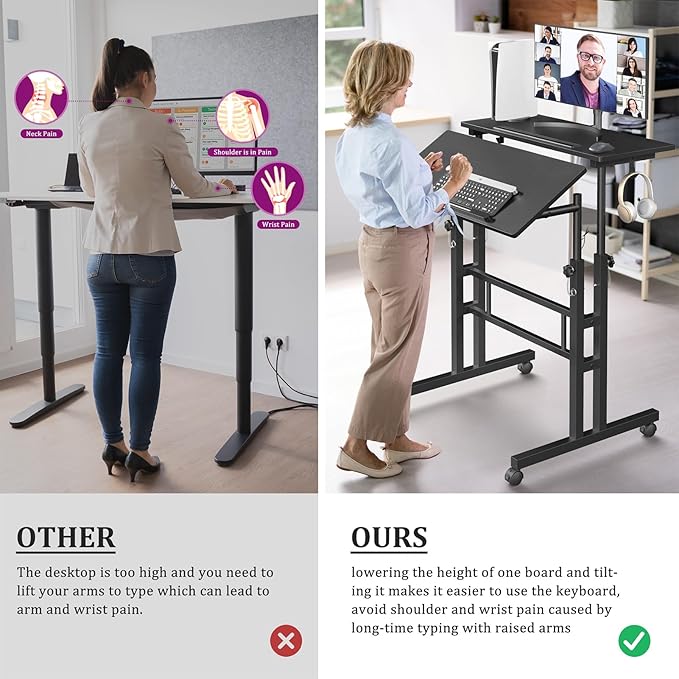 Small Standing Desk with Wheels, Tall Mobile Stand Up Table, Portable Standing Desk for Walking Pad, Rolling Table Adjustable Height, Rolling Computer Table for Tall Person