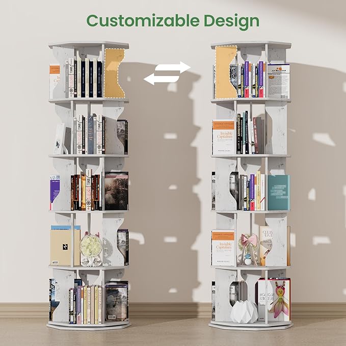 Rotating Bookshelf, 5 Tier Spinning Bookshelf Tower, Corner Revolving Storage Rack for Bedroom, Study Room, Kids Room, Living Room, Office (White, 5 Tier)