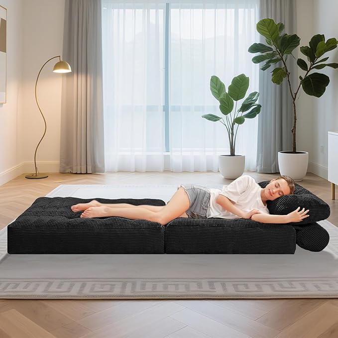 HABUTWAY Folding Sofa Bed, Convertible Sleeper Chair Bed w/Dual-Pillow & Handle, Foldable Floor Sofa Lounge w/Back Support for Living Room, Bedroom, Apartment, Office, Black