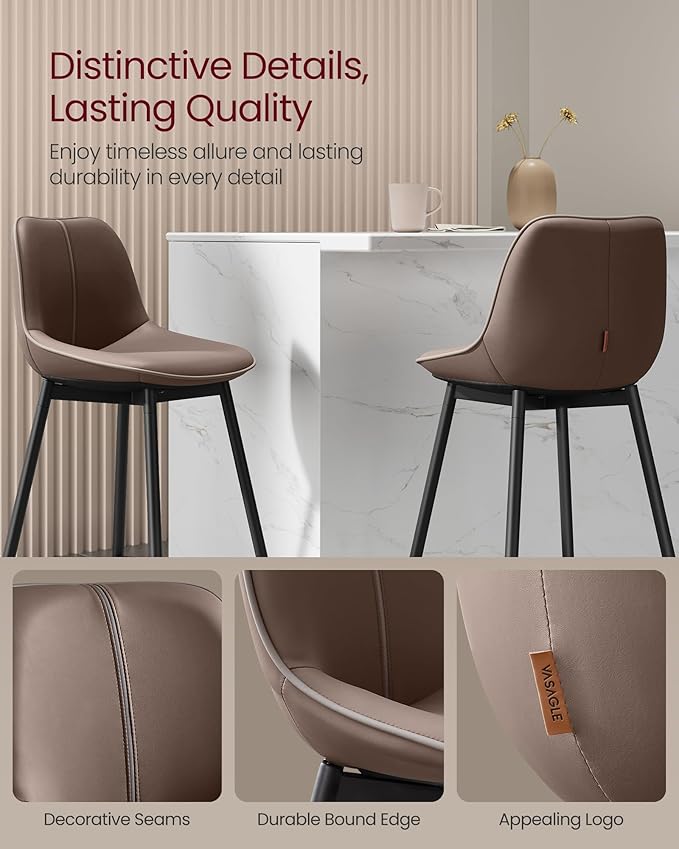 VASAGLE Bar Stools Set of 2, Bar Height Bar Stools with Back, Ergonomic Backrest, Synthetic Leather, Metal Legs, 28.7-Inch Tall Barstools for Kitchen Island Home Bar, Easy Assembly, Chestnut Brown