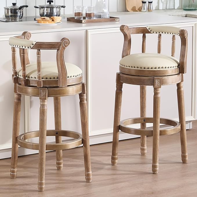 Cow top Leather Wooden Bar Stools, 360 Degree Swivel Bar Height Chair with Backs for Home Kitchen Counter, Morden Chair Barstools (Retro-Beige, Bar Height-Seat Height 29.5”)