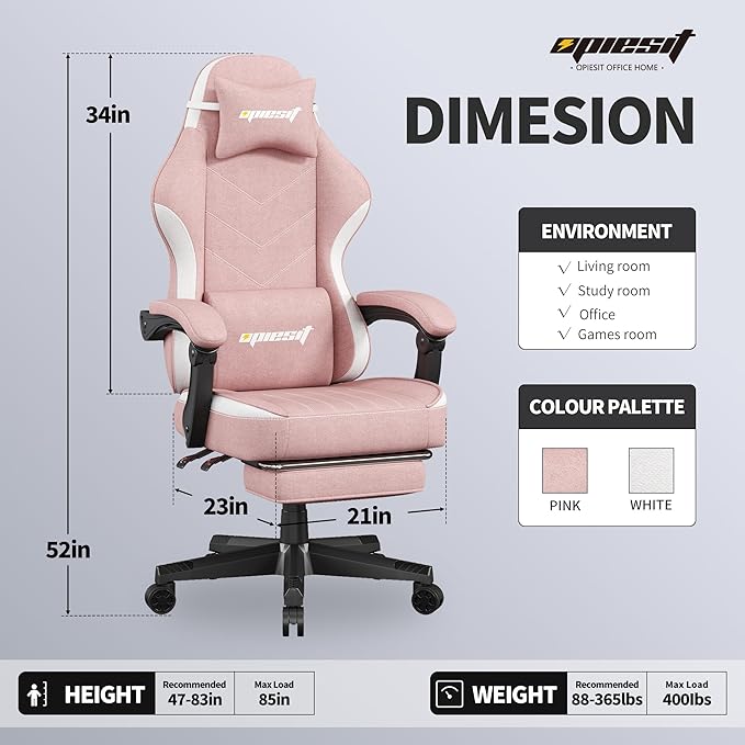 Gaming Chair,Fabric Computer Chair with Pocket Spring Cushion,400 lb Load Capacity,Ergonomic Office Chair with Footrest,Height Adjustable Video Gamer Chair with Lumbar Support (Pink)