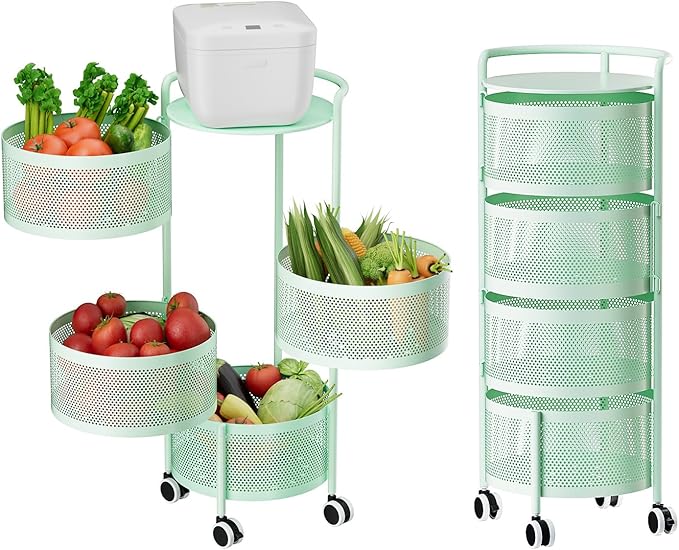 JAQ Kitchen Storage Rack No Assembly, 4-Tier Metal Storage Tower Basket Shelves Organizer on Rolling Wheels with Removal Drawers for Fruit Vegetable Grocery Corns Potato Onion (4-Tier, Green)