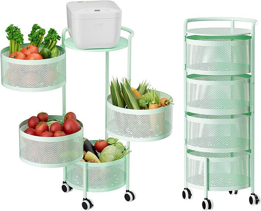 JAQ Kitchen Storage Rack No Assembly, 4-Tier Metal Storage Tower Basket Shelves Organizer on Rolling Wheels with Removal Drawers for Fruit Vegetable Grocery Corns Potato Onion (4-Tier, Green)