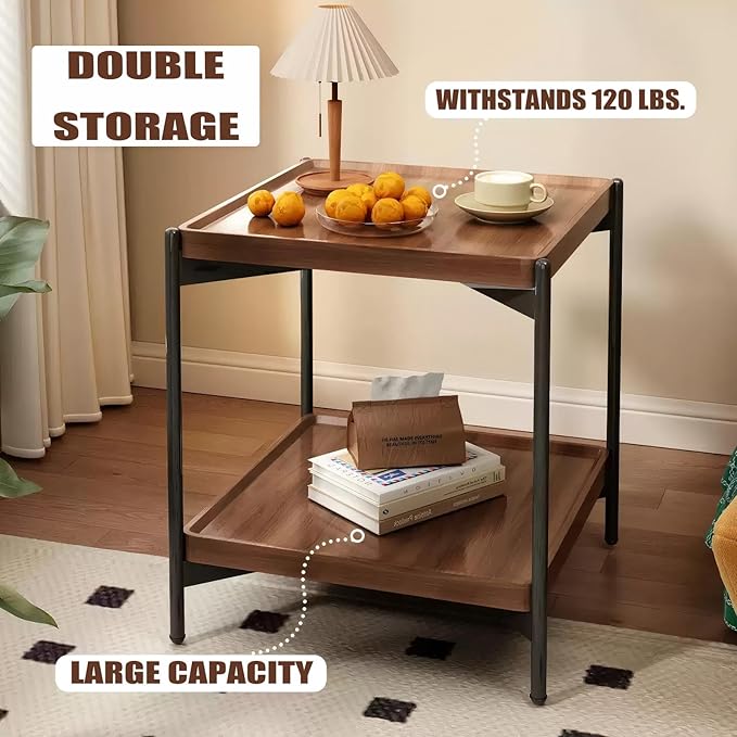 Solid Wood Nightstand with 2-Tier Storage Shelf - Versatile Bedside Table, Sofa Side Desk & Compact Coffee Table for Small Spaces, Space-Saving Design for Living Room/Bedroom (Walnut Finish)