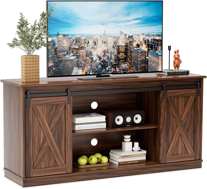 Sweetcrispy Farmhouse TV Stand for Living Room Bedroom Brown 65 Inch, Tall Entertainment Center with Storage Shelves, Media Console Cabinet with Wood Board, 300 LBS Capacity and Sliding Barn Door