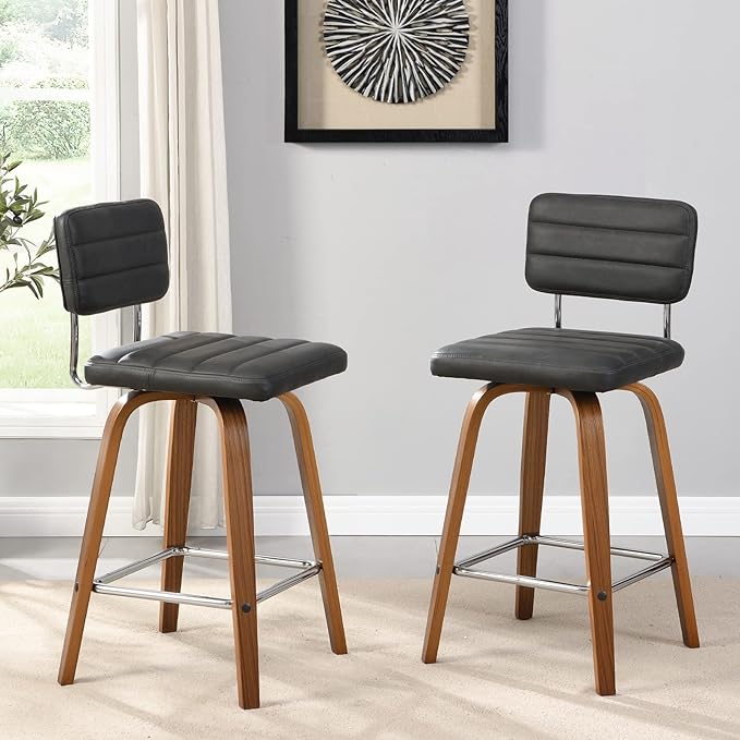 Counter Height Bar Stools Set of 2 Wood Swivel Bar Stools for Kitchen Island Modern Square Barstools with Leather Back Cushion Industrial Vintage Bar Chair Rustic Furniture for Home Pub 26 Inch Grey