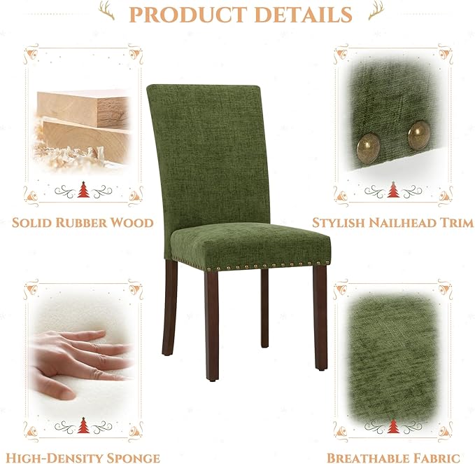 Parsons Dining Chairs Set of 4, Upholstered Nailhead Dining Room Kitchen Side Chair with Thick Cushions and Wood Legs, Green