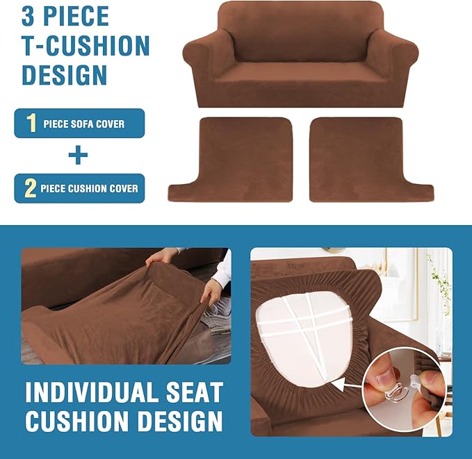 H.VERSAILTEX Sofa Cover 3 Piece T Cushion Loveseat Slipcovers Thick Velvet Couch Cover Stretch T Cushion Sofa Covers for 2 Cushion Couch with 2 Individual T Cushion Covers Washable, Caramel