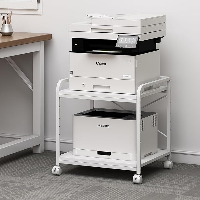20 Inches Deep Large Printer Stand, 2 Tier Under Desk Printer Table with Height Adjustable Shelf, Rolling Printer Cart with Wheels for Home Office Storage - White