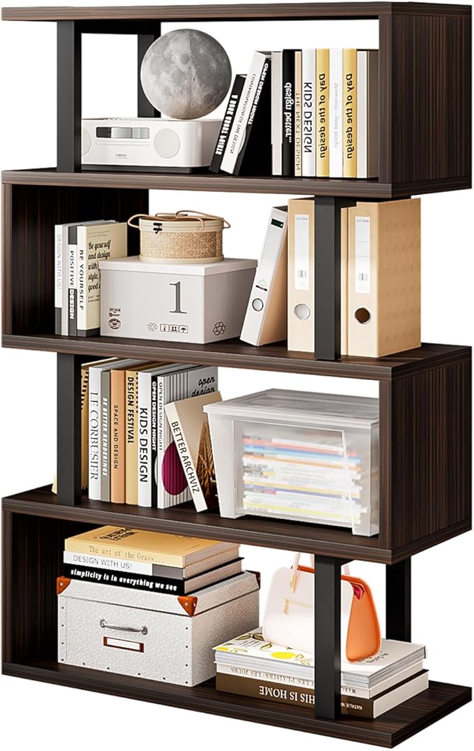 SORCEDAS Bookshelf Geometric Bookcase S Shaped Industrial Bookshelf Storage Display Stand Shelf for Living Room Bedroom and Office Room (Black, 4 Tier)