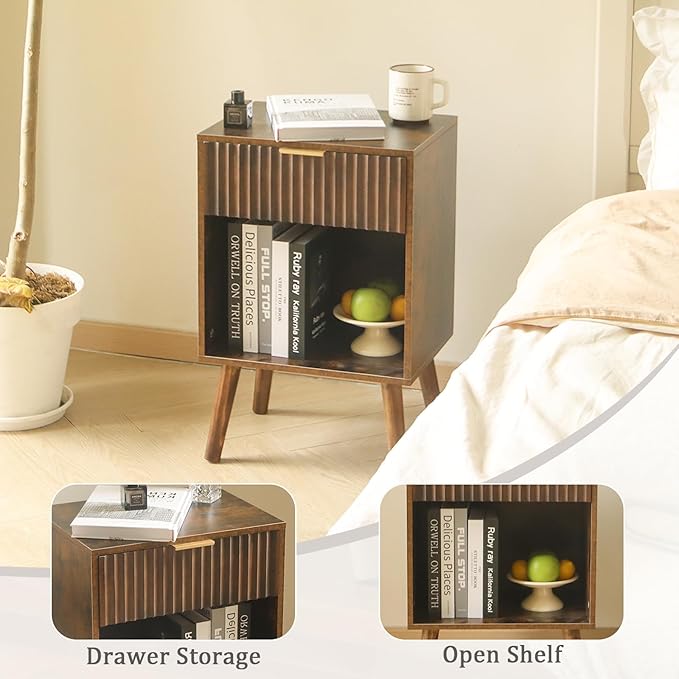 Mid Century Modern Nightstand, Wood Bedside Table with Drawer and Opening Storage, End Table Living Room Fluted Night Stand with Solid Wood Legs for Bedroom (Rustic Brown)