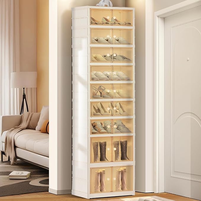 Foldable Shoe Organizer Storage Box, Portable Extra Large Folding Shoe Rack for Closet, Shoe Storage Box with Magnetic Transparent Door and Wheels, 9 Layers 18 Grids with 4 Big Grids for 2 PCS