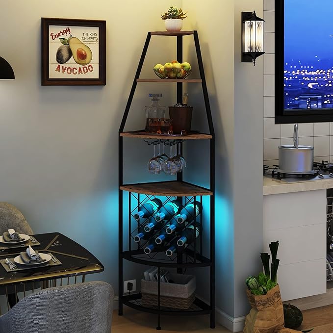5-Tier Corner Wine Rack with LED Light Floor Standing Wine Rack with Glass Holder and Bottles Wine Storage Home Bar Furniture for Kitchen Living Dining Room (Rustic Brown)