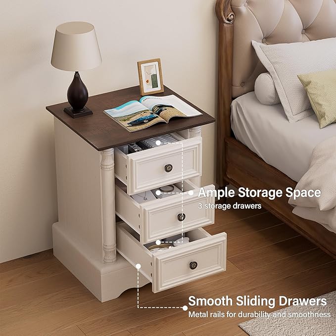 Nightstand with 3 Drawers, Rustic Night Stand 18' Wide Side Table with Storage, Mid-Century Modern Couch End Table with Vintage Handles, Small Dresser for Bedroom, Living Room, Antique White