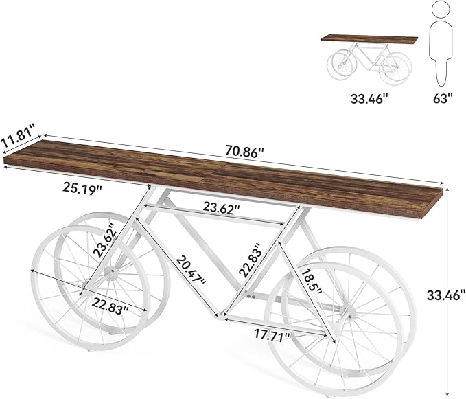 LITTLE TREE Narrow Sofa Table, 70.9-Inch Extra Long Console Table for Living Room, Entryway, with Unique Bicycle Metal Base. White and Brown