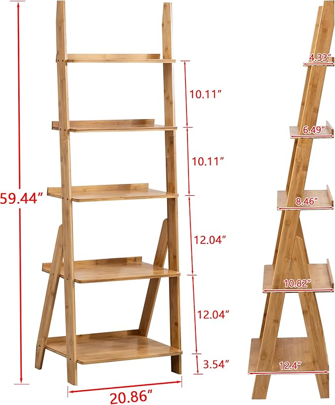 Maydear Bamboo Ladder Shelf Bookcase, 5-Tier Leaning Bookshelf Free Standing Organizer Storage Shelves for Living Room, Bedroom, Kitchen, Home Office, Balcony, Natural Wood
