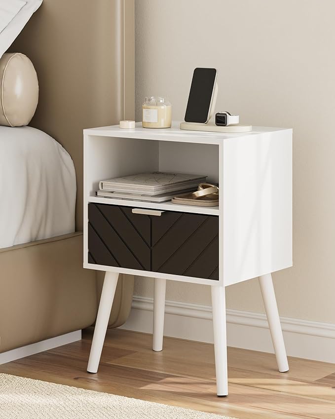 Nightstand,Bedside Table with Gold Frame, White Night Stand, Modern Bedside Furniture,End Table with Drawer and Shelf for Bedroom,Living Room