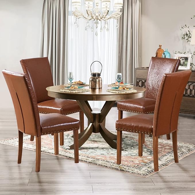 Parsons Dining Chairs Set of 2, Upholstered Nailhead PU Leather Dining Room Kitchen Side Chair with Thick Cushions and Wood Legs, Light Brown