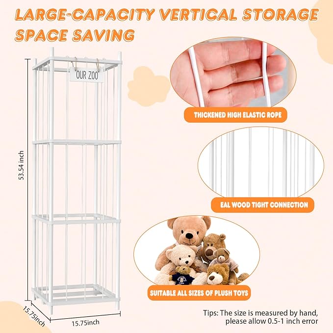 Stuffed Animal Storage, 54 inch Large Plushy Organizers, Wood Stuffed Animal Zoo Storage, Space Save Vertical Stuffed Animals Holder Holds 50+ Stuffed Animals for Nursery Playroom Bedroom (White)