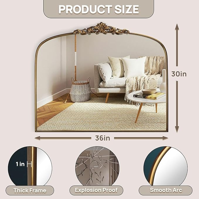 Vintage Gold Arched Wall Mirror 36"x30" – Ornate Baroque Style Antique Brass Frame, Decorative Large Mirror for Entryway, Living Room, Fireplace, Hallway, Bathroom