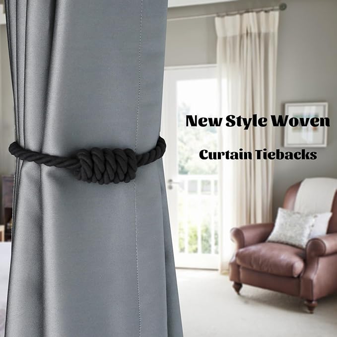 BEL AVENIR Magnetic Cotton Curtain Tiebacks, Decorative Drapery Holdbacks Modern Woven Tie-Backs with Exquisite Knot (Black Cotton, 4 Pack)