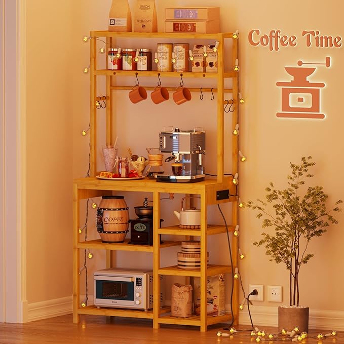 Bakers Rack with Power Outlets, 8-Tier Microwave Stand, Kitchen Utility Storage Shelf 10 S-Shaped Hooks, Coffee Bar Table Station, Standing Rack, 31.5 x 15.7 x 65 Inches, Bamboo