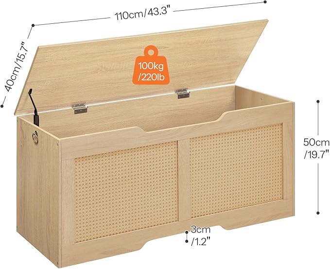 HOOBRO Storage Bench, 43.3" Toy Box, Rattan-Like Storage Chest, Sturdy Entryway Bench Supports 220 lb, Toy Chest, Safety Hinge, U-Shaped Opening, Easy Assembly, Natural NL22CW01