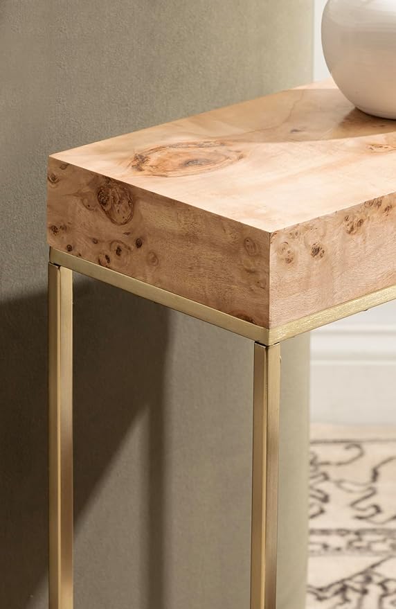 Kate and Laurel Karlsen Modern Wood and Metal Burlwood Narrow Side Table; 16 x 24 x 8; Burlwood and Gold; Slim End Table for Use as Skinny Bedroom Nightstand or Entryway Table Option