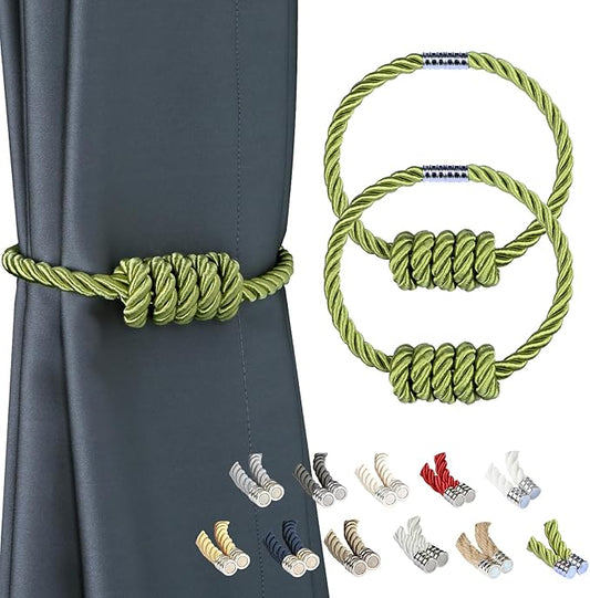 BEL AVENIR Magnetic Curtain Tiebacks, Decorative Drapery Holdbacks Modern Woven Tie-Backs with Exquisite Knot (Green, 2 Pack)